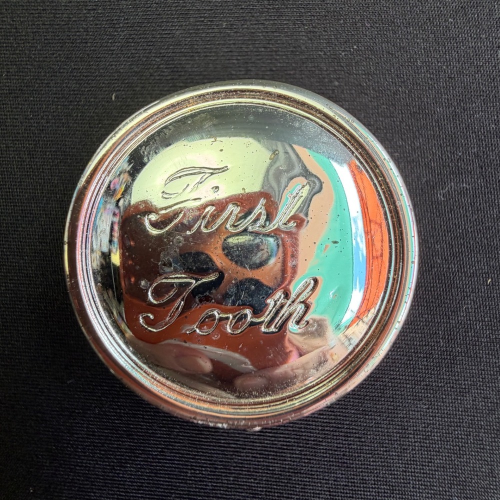 Grenadier First Tooth Box Silver Tone Metal Vintage Round Baby Keepsake Engraved
